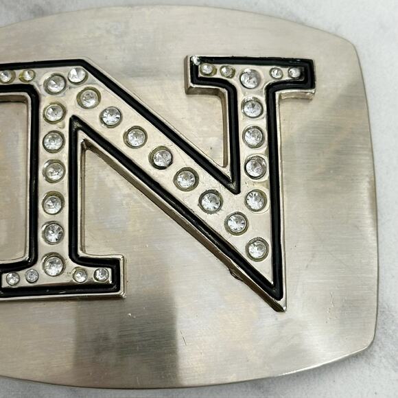 Rhinestone Studded N Letter Initial Monogram Silver Tone Belt Buckle - Picture 3 of 14